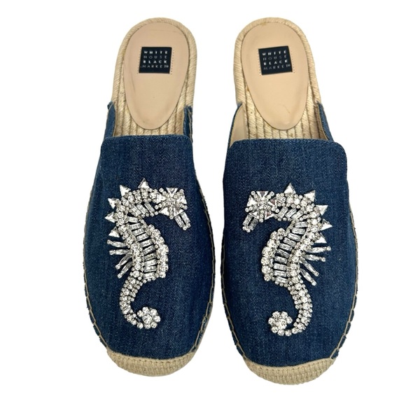 NWT WHBM Josi Denim Jewelled Seahorse Espadrille Slides Sz 10 - Picture 1 of 9